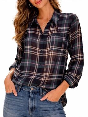 ModCloth blue, black and white plaid button up semi sheer collared blouse/top